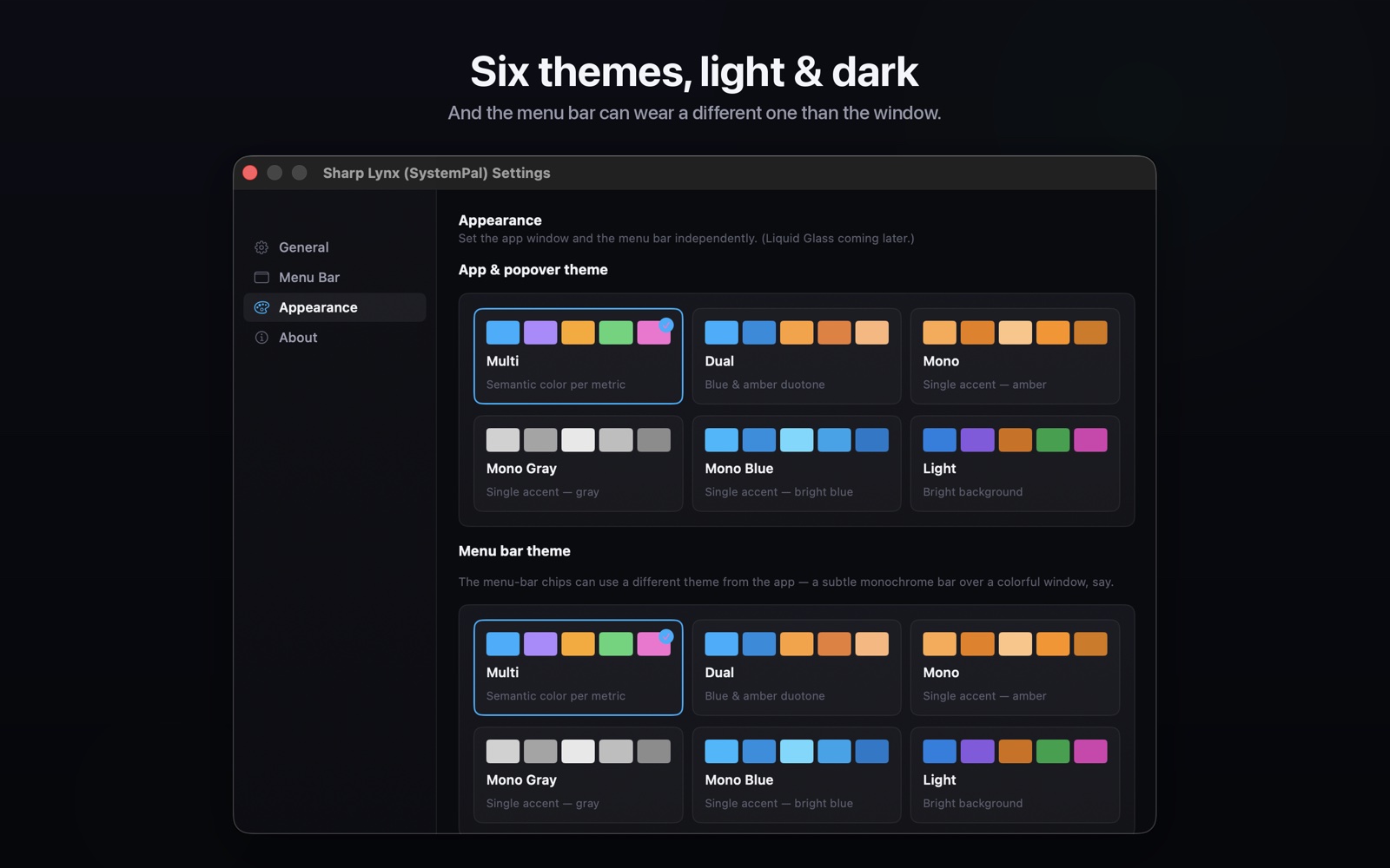 Sharp Lynx appearance settings showing six themes
