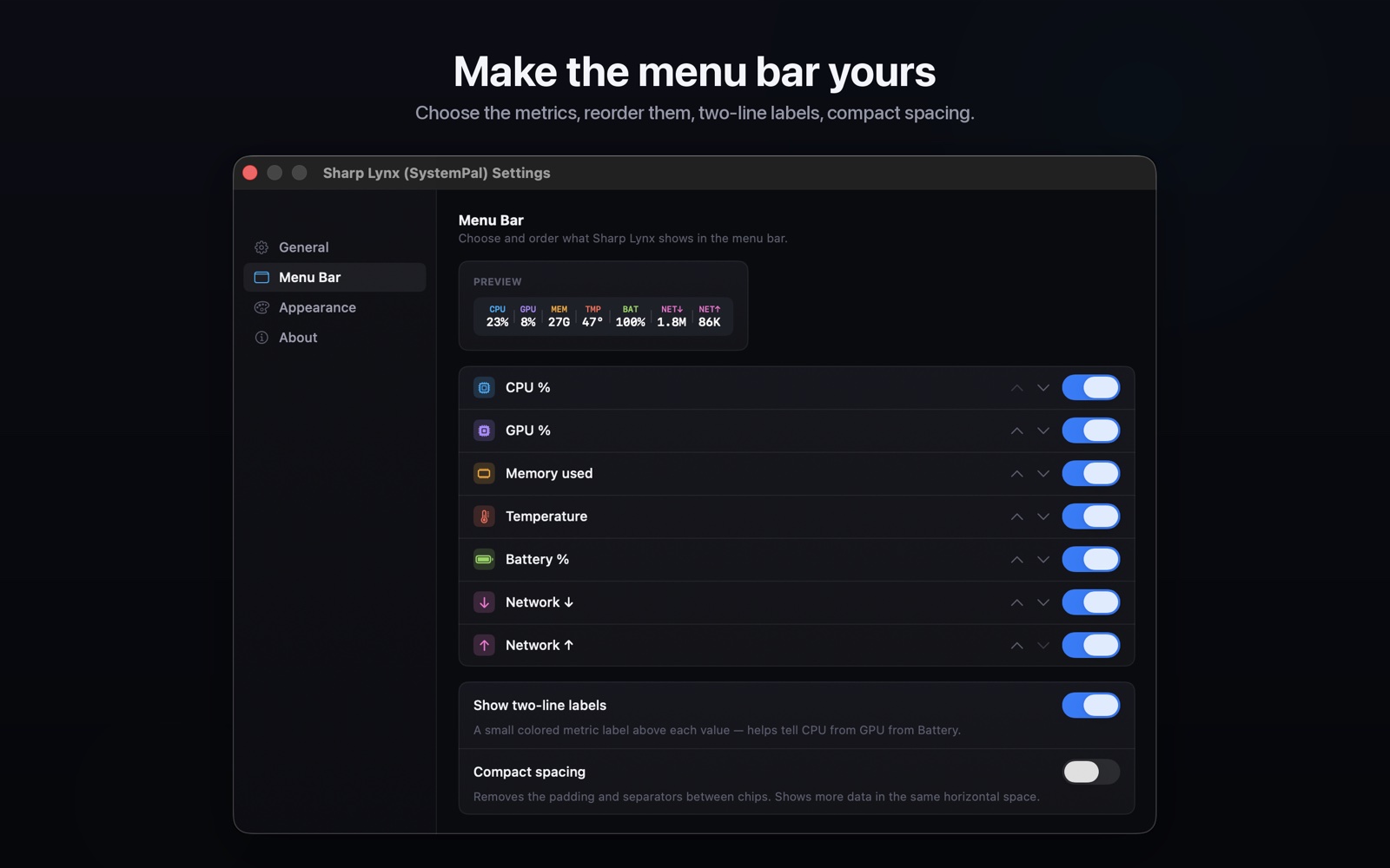 Sharp Lynx menu bar settings