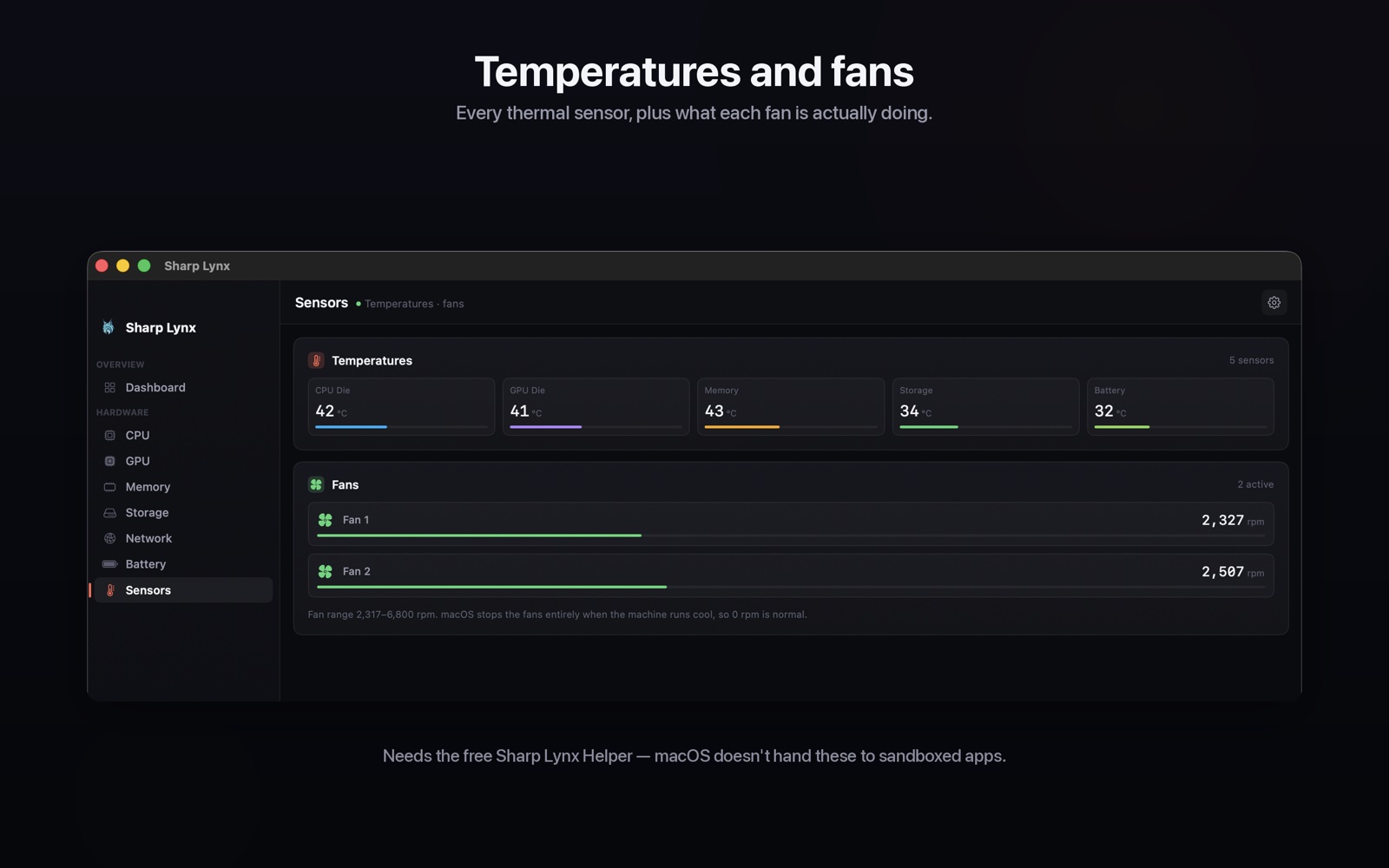 Sharp Lynx sensors page showing temperatures and fan speeds