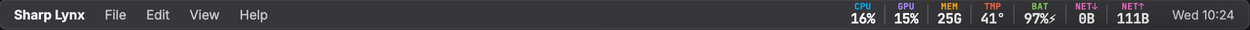 Sharp Lynx metric chips in the macOS menu bar: CPU, GPU, memory, temperature, battery and both network directions
