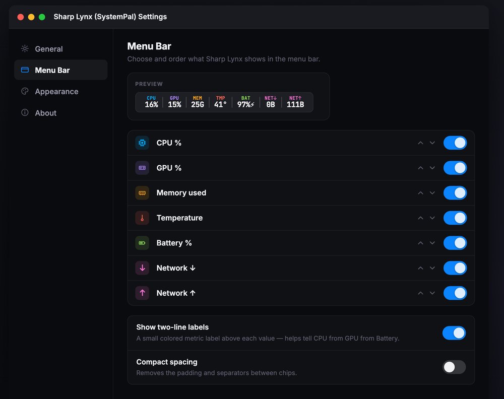 Sharp Lynx menu bar settings with a live preview of the bar, display style options and metric ordering
