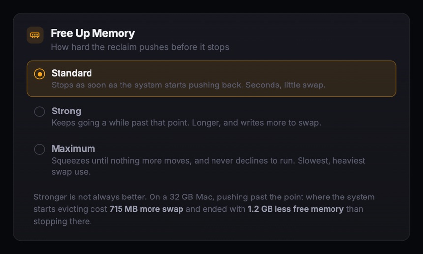 The Free Up Memory strength setting: Standard, Strong and Maximum, each with a one-line description of what it costs